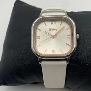 Bisley Elegant Silver Tone Watch White Leather Band New Battery